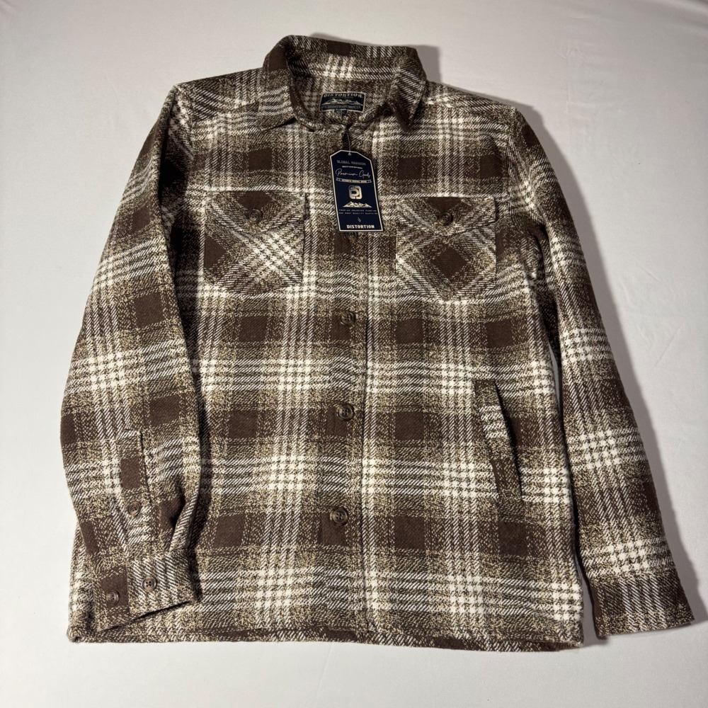 Distortion Mens Brown Plaid Wool Blend Flannel Shirt Jacket Shacket 5SH2535M NEW